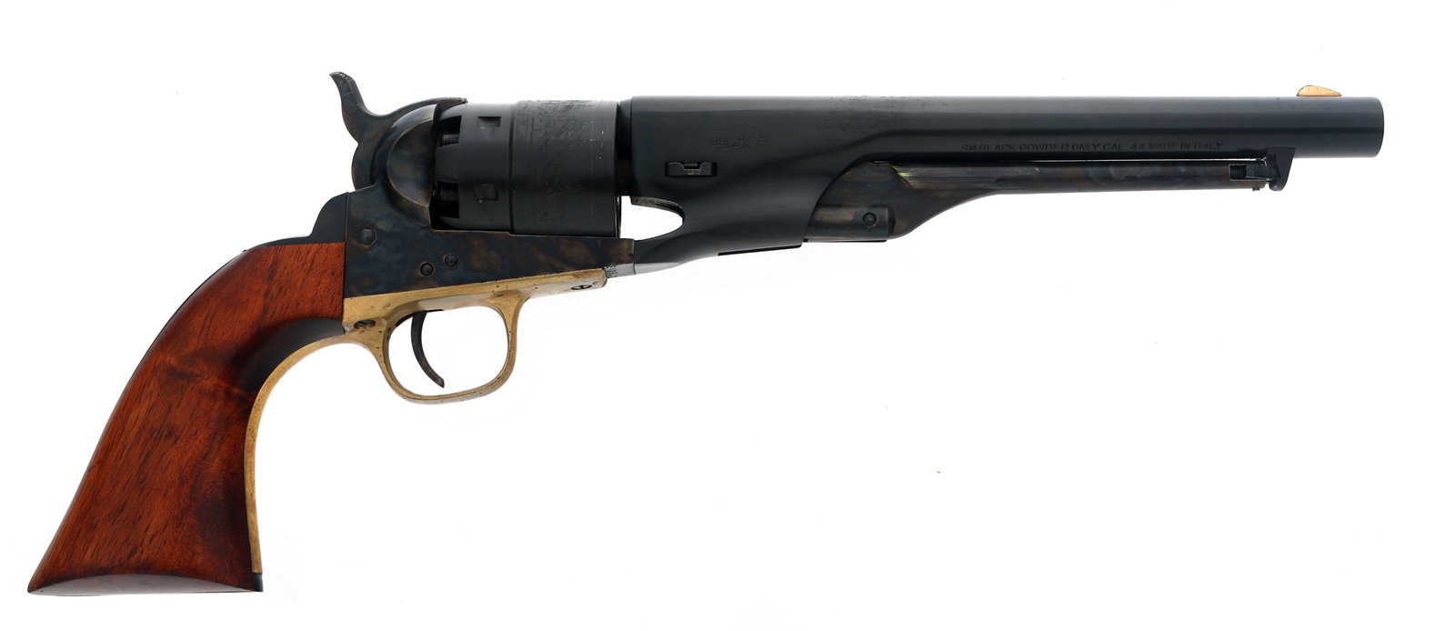 MODERN ITALIAN 1851 44 CALIBER PERCUSSION REVOLVER: MODERN ITALIAN 1851 44 CALIBER PERCUSSION REVOLVER Modern Italian Model 1851 Army .44 caliber percussion revolver. Blued finish. Cylinder engraved with naval battle. Case hardened frame. Brass trigger