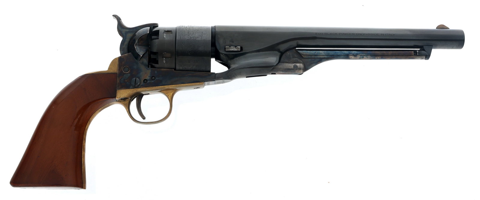 MODERN ITALIAN 1860 44 CALIBER PERCUSSION REVOLVER: MODERN ITALIAN 1860 44 CALIBER PERCUSSION REVOLVER Modern Italian Model 1860 Army .44 caliber percussion revolver. Blued finish. Cylinder engraved with naval battle. Case hardened frame. Brass trigger