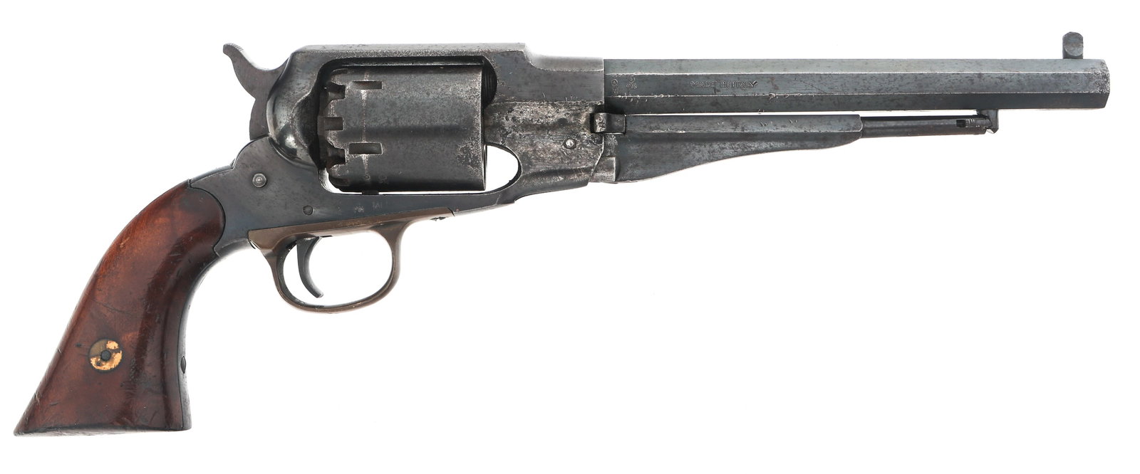 NAVY ARMS NEW MODEL 1863 .44 CALIBER REVOLVER: NAVY ARMS NEW MODEL 1863 .44 CALIBER REVOLVER Navy Arms New Model 1863 .44 caliber percussion revolver. Made in Italy. Blued finish. Blade front sight. V notch rear sight. 6 shot cylinder. Brass trigg