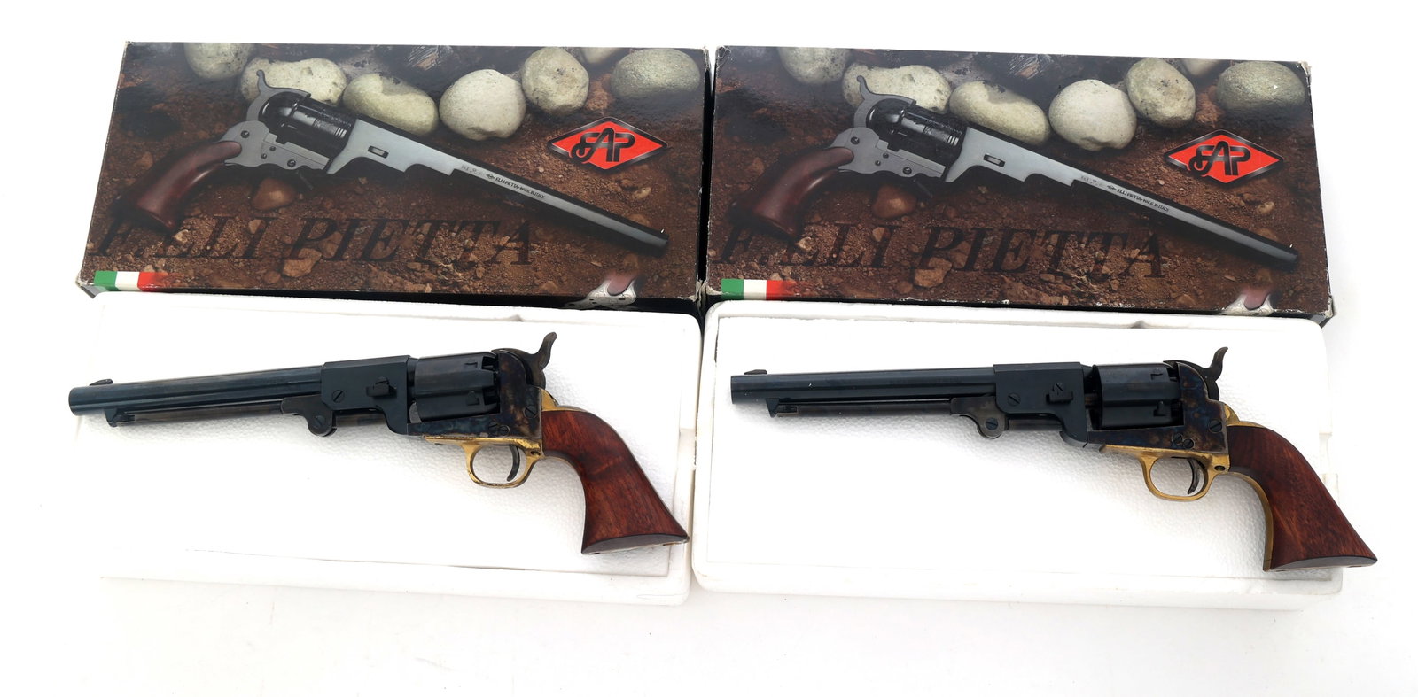SEQUENTIAL PAIR PIETTA 1851 ARMY 44 CAL REVOLVERS: SEQUENTIAL PAIR PIETTA 1851 ARMY 44 CAL REVOLVERS Sequential pair of Pietta Model 1851 Army .44 caliber percussion revolvers. Blued finish. Case hardened frames. Smooth six shot cylinders. Brass trigg
