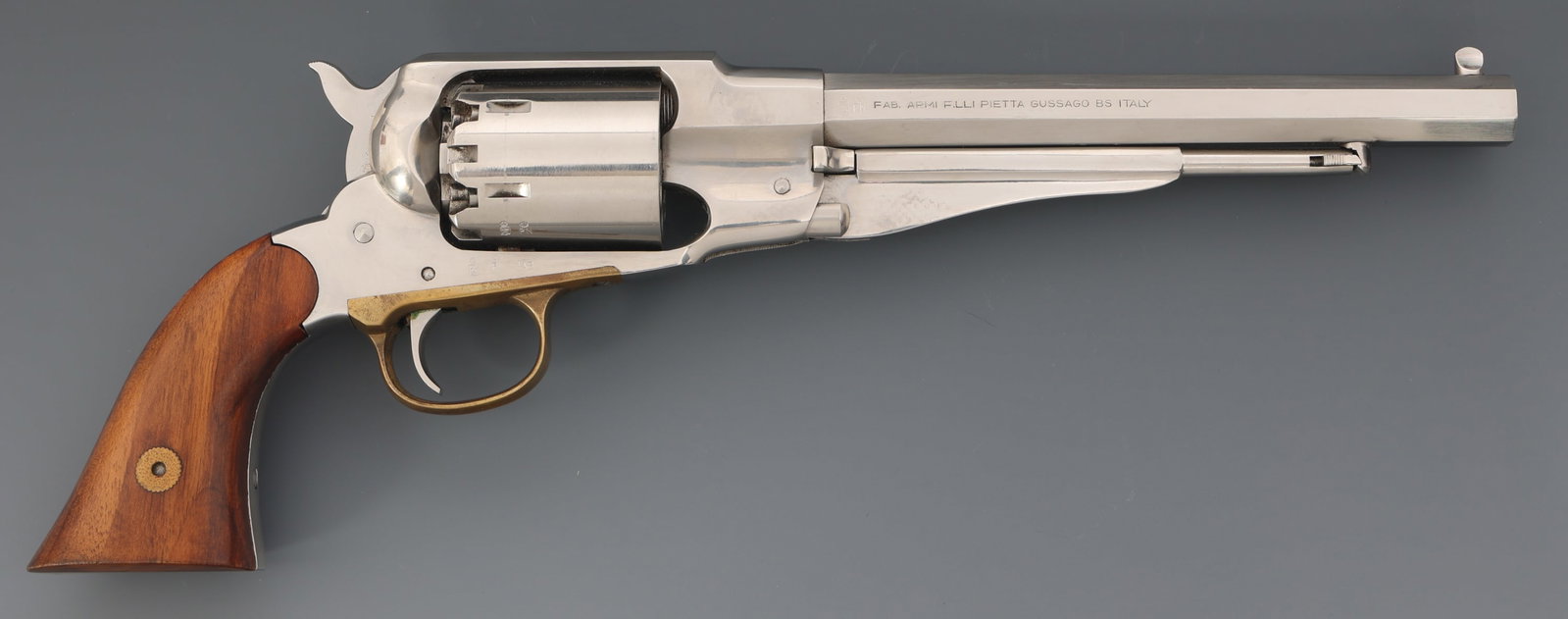 PIETTA MODEL 1858 NEW ARMY .44 CALIBER REVOLVER: PIETTA MODEL 1858 NEW ARMY .44 CALIBER REVOLVER Pietta Model 1858 New Army .44 caliber percussion SA revolver. Six-shot smooth cylinder. Wood grips. Fixed sights. Caliber / Gauge: 44 Barrel Length: 7.