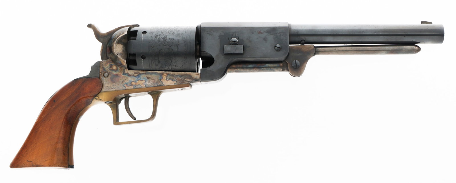 REPLICA ARMS CO. 1847 .44 CAL PERCUSSION REVOLVER: REPLICA ARMS CO. 1847 .44 CAL PERCUSSION REVOLVER Replica Arms Co. Model 1847 Colt Walker .44 caliber percussion revolver. Blued finish. Top of barrel stamped ADDRESS SAM l OODT NEW-YORK CITY. Cylinde