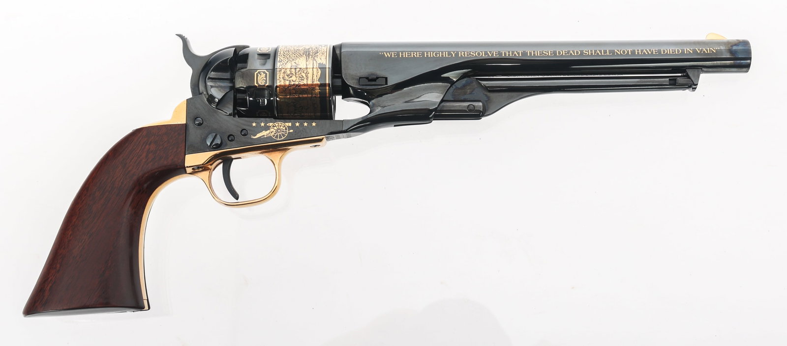 UBERTI COMMEMORATIVE M1860 PERCUSSION REVOLVER: UBERTI COMMEMORATIVE M1860 PERCUSSION REVOLVER America Remembers Cased Commemorative Uberti Model 1860 Percussion Revolver. No. 1742 of 1863 produced. Left side of barrel marked "Gettysburg Pennsylvan