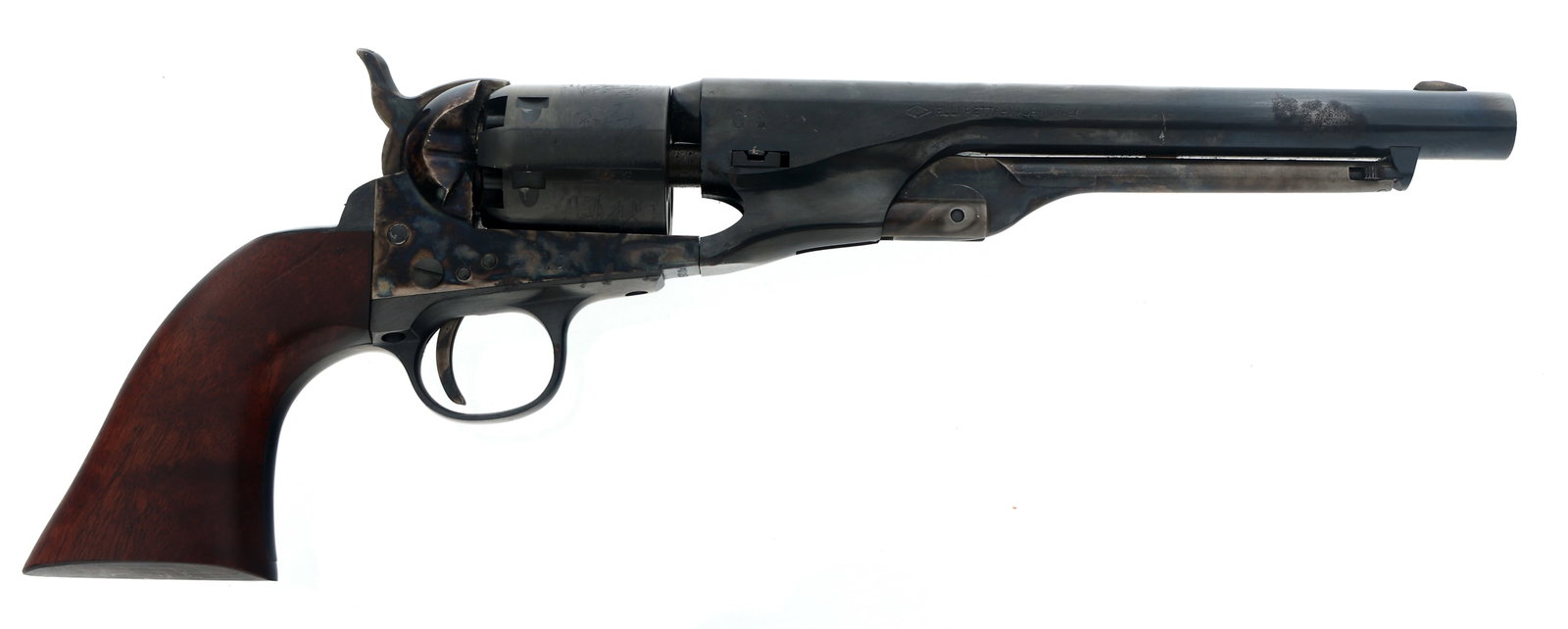 PIETTA MODEL 1851 NAVY .36 CAL PERCUSSION REVOLVER: PIETTA MODEL 1851 NAVY .36 CAL PERCUSSION REVOLVER Pietta Model 1851 Navy .36 caliber percussion revolver. Blued finish. Case hardened frame. Cylinder engraved with naval scene. Wood grips. Caliber / 