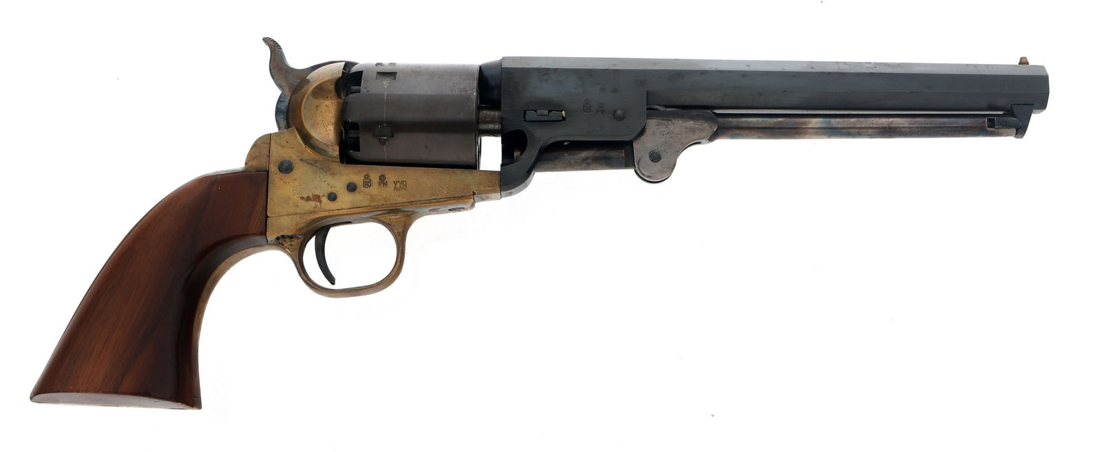 PIETTA MODEL 1851 NAVY 36 CAL PERCUSSION REVOLVER: PIETTA MODEL 1851 NAVY 36 CAL PERCUSSION REVOLVER Pietta Model 1851 Navy .36 caliber percussion revolver. Blued finish. Brass frame and trigger guard. Wood grips. Caliber / Gauge: 36 Barrel Length: 7.