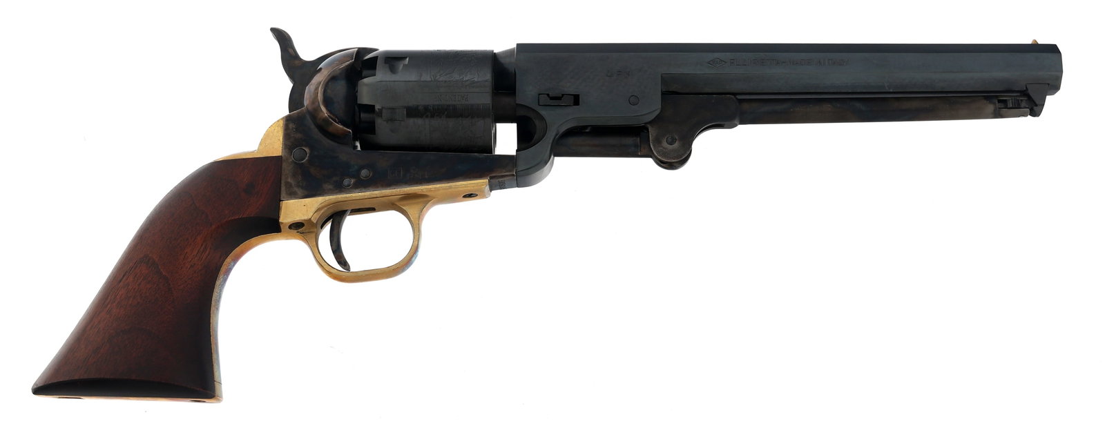 PIETTA MODEL 1851 NAVY .36 CALIBER SA REVOLVER: PIETTA MODEL 1851 NAVY .36 CALIBER SA REVOLVER Pietta Model 1851 Navy .36 caliber percussion SA revolver. 7.5 inch octagonal barrel. Engraved six-shot cylinder. Wood grips. Fixed sights. Caliber / Gau