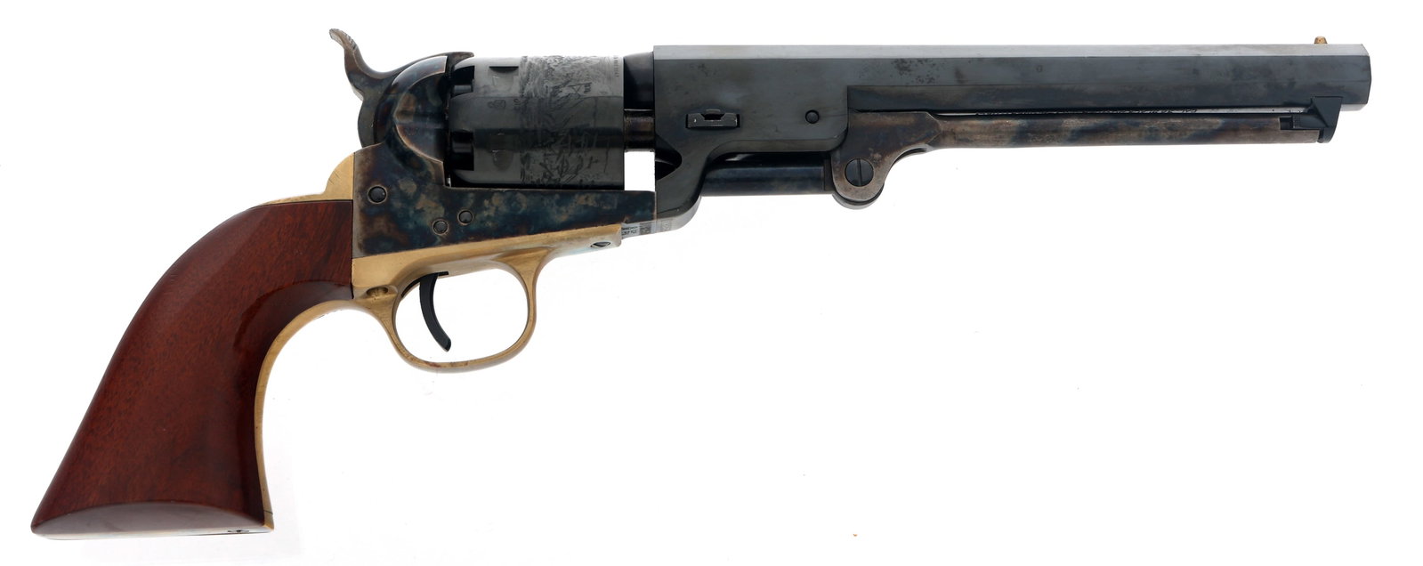 UBERTI MODEL 1851 NAVY .36 CAL PERCUSSION REVOLVER: UBERTI MODEL 1851 NAVY .36 CAL PERCUSSION REVOLVER A. Uberti Model 1851 Navy .36 caliber percussion revolver. Blued finish. Cylinder engraved with naval battle. Case hardened frame. Brass trigger guar