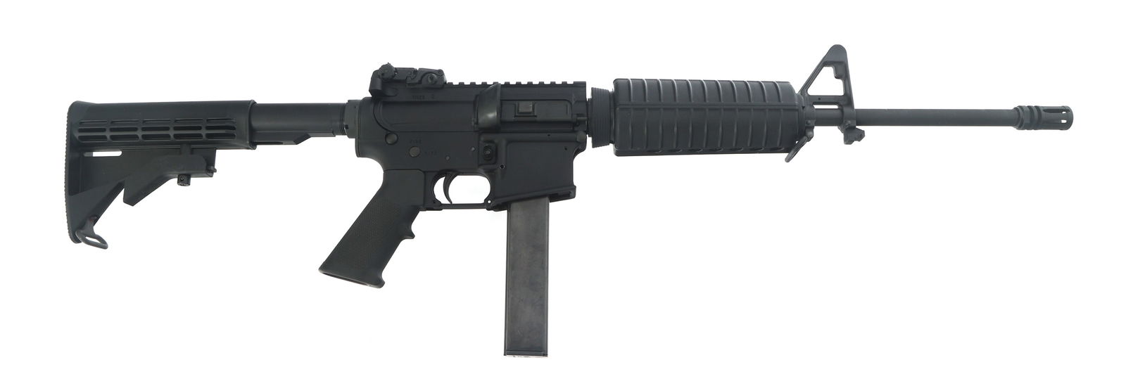 COLT MODEL AR-15 9x19mm CALIBER CARBINE: COLT MODEL AR-15 9x19mm CALIBER CARBINE Colt Model AR-15 9x19mm caliber semi-automatic carbine. Polymer stock, forend, and pistol grip. Adjustable stock. Protected post front sight. Adjustable rear si