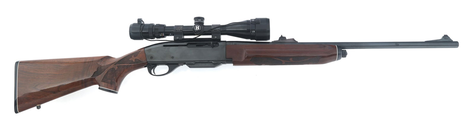 REMINGTON MODEL 7400 .30-06 CALIBER RIFLE: REMINGTON MODEL 7400 .30-06 CALIBER RIFLE Remington Model 7400 .30-06 caliber semi-automatic rifle. Checkered wood stock and forend. Sling swivels. Blade front sight. Adjustable rear sight. Bushnell 4