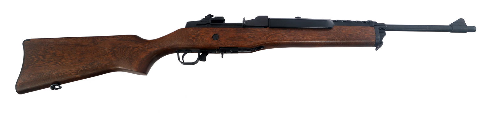 RUGER MODEL MINI-14 .223 CALIBER RANCH RIFLE: RUGER MODEL MINI-14 .223 CALIBER RANCH RIFLE Ruger Model Mini-14 .223 caliber semi-automatic Ranch rifle. Wood stock. Steel butt plate. Sling swivels. Blade front sight. Adjustable rear sight. One mag