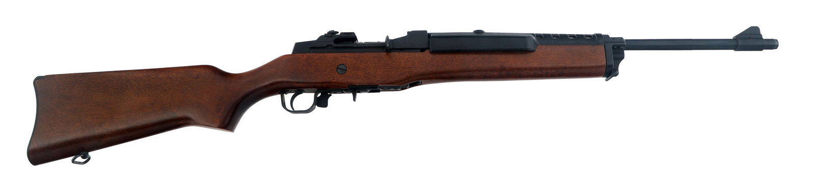 RUGER MODEL MINI-14 .223 CALIBER RANCH RIFLE: RUGER MODEL MINI-14 .223 CALIBER RANCH RIFLE Ruger Model Mini-14 .223 caliber semi-automatic Ranch rifle. Wood stock. Steel butt plate. Sling swivels. Blade front sight. Adjustable rear sight. One mag