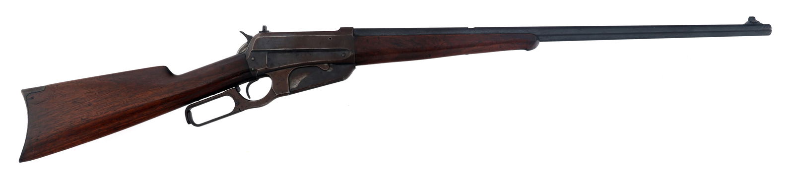 1905 WINCHESTER MODEL 1895 .35 WCF CALIBER RIFLE: 1905 WINCHESTER MODEL 1895 .35 WCF CALIBER RIFLE 1905 Winchester Model 1895 .35 W.C.F. caliber lever action rifle. Lyman rear sight. Wood stock and forend. Steel butt plate. Blade front sight. Adjusta
