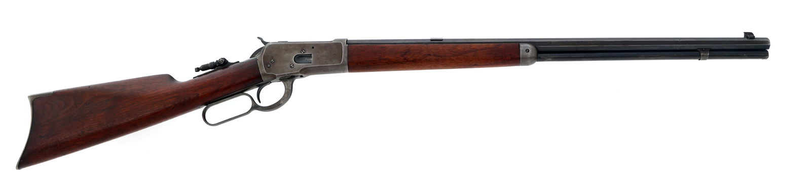 1910 WINCHESTER MODEL 1892 25-20 WCF CALIBER RIFLE: 1910 WINCHESTER MODEL 1892 25-20 WCF CALIBER RIFLE 1910 Winchester Model 1892 .25-20 W.C.F. caliber lever action rifle. 24 inch octagonal barrel. Wood stock and forend. Steel butt plate. Blade front s