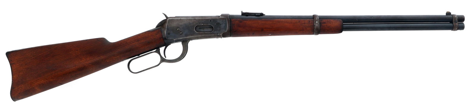 WINCHESTER MODEL 1894 .38-55 CALIBER CARBINE: WINCHESTER MODEL 1894 .38-55 CALIBER CARBINE 1907 Winchester Model 1894 .38-55 caliber saddle ring carbine. 20" round barrel. Blued finish. Blade front sight. Adjustable rear sight. Wood stock. Metal