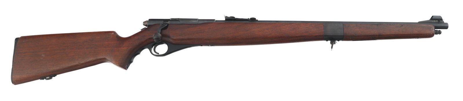 MOSSBERG MODEL 46M .22S-L-LR CALIBER RIFLE: MOSSBERG MODEL 46M .22S-L-LR CALIBER RIFLE Mossberg Model 46m .22 S-L-LR caliber bolt action rifle. Blued finish. Hooded front sight. Adjustable rear sight. Wood stock. Slotted wood butt plate. Sling 