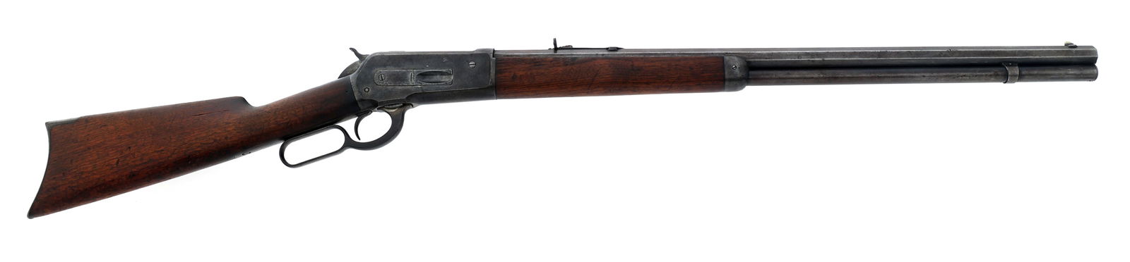 WINCHESTER MODEL 1886 .38-56 W.C.F. CALIBER RIFLE: WINCHESTER MODEL 1886 .38-56 W.C.F. CALIBER RIFLE 1894 Winchester Model 1886 .38-56 W.C.F. caliber lever action rifle. 26" octagonal barrel. Blade front sight. Adjustable rear sight. Wood stocks. Meta