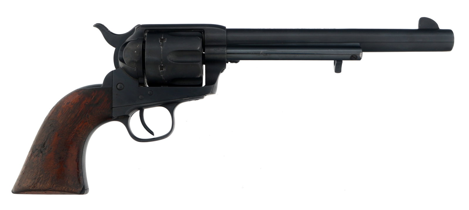 1880 COLT SINGLE ACTION ARMY .45 CALIBER REVOLVER: 1880 COLT SINGLE ACTION ARMY .45 CALIBER REVOLVER 1880 Colt Single Action Army .45 caliber SA revolver. 7.5 inch replacement Colt barrel. Six-shot fluted cylinder stamped C. Serial numbers match on fr