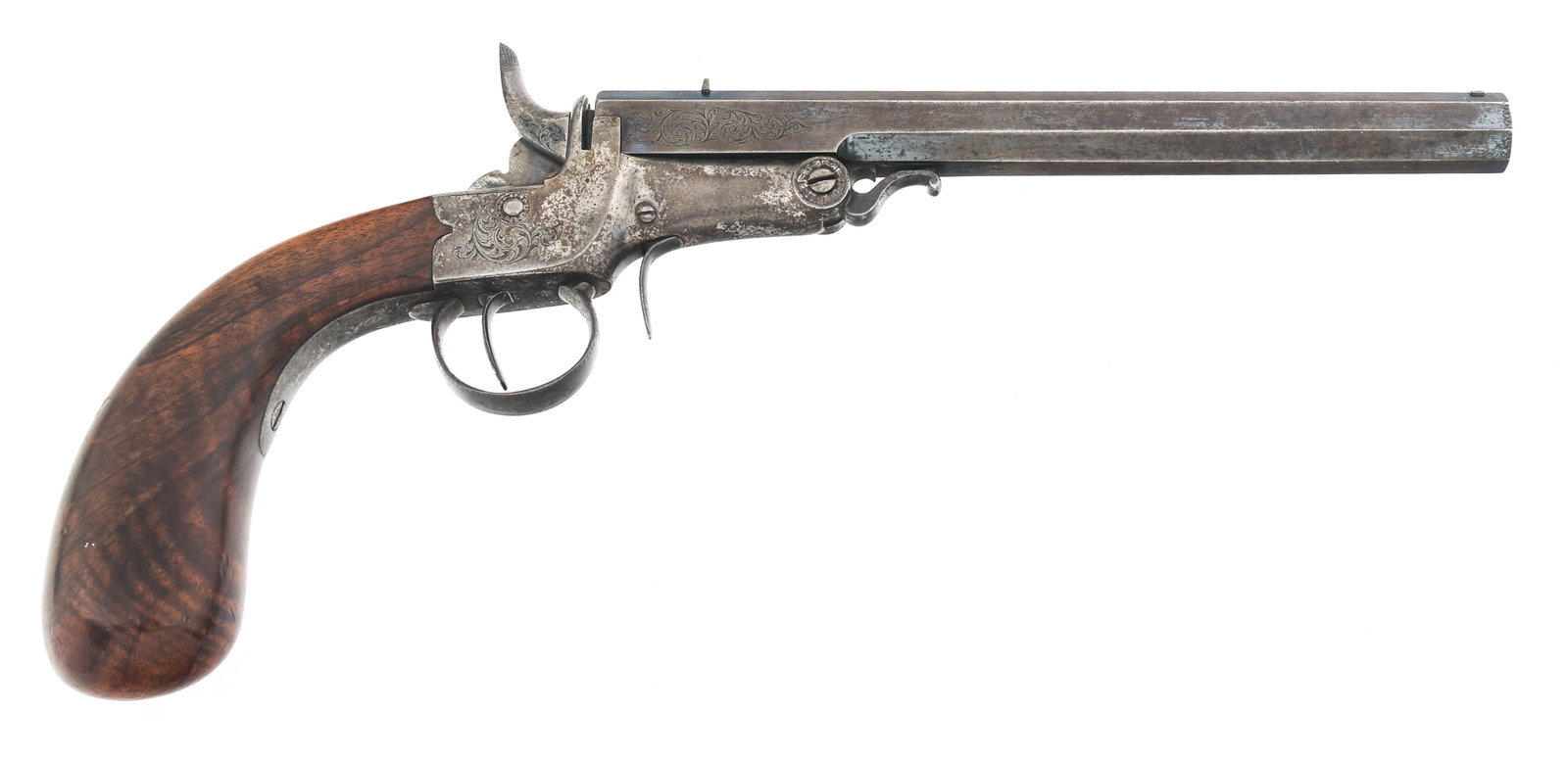 H. HOLLAND OF LONDON .32 RF CALIBER TIP UP PISTOL: H. HOLLAND OF LONDON .32 RF CALIBER TIP UP PISTOL H. Holland of London .32 rimfire caliber Tip Up pistol. Top of 9" octagonal barrel stamped H. Holland 98 New Bond Street London. Underside of barrel s