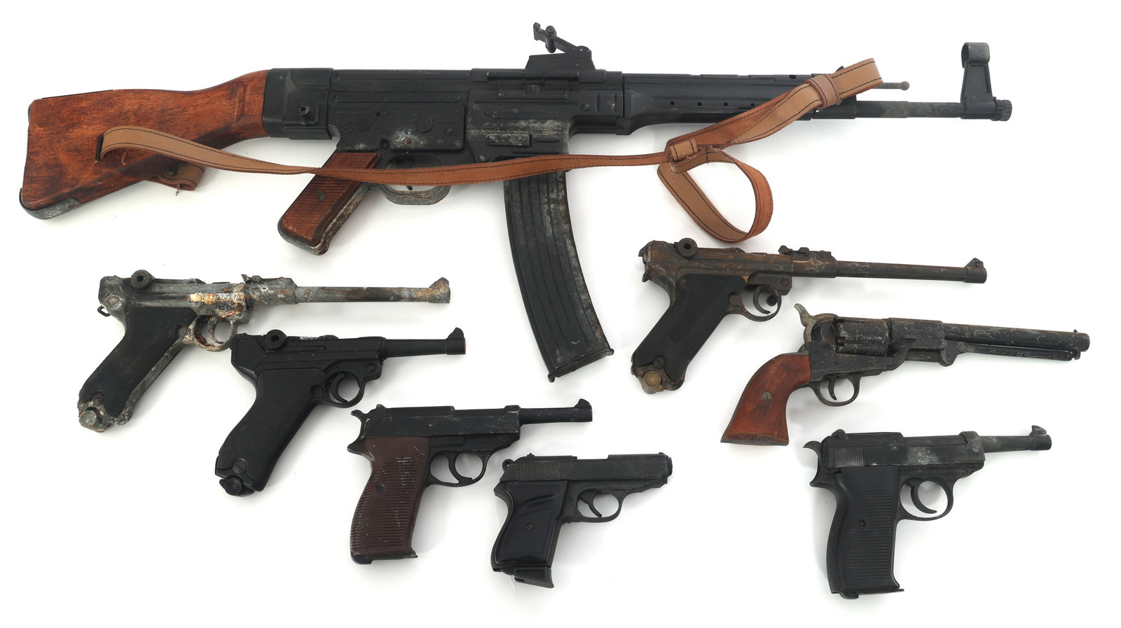 REENACTOR / DISPLAY RIFLE AND HANDGUNS: REENACTOR / DISPLAY RIFLE AND HANDGUNS BBM Model ME 38P, BBM Model Police, Two Nakata Model LP08s, One unmarked model P08s, Unmarked Model P38, BKA 98 replica percussion revolver, and Unmarked Model S