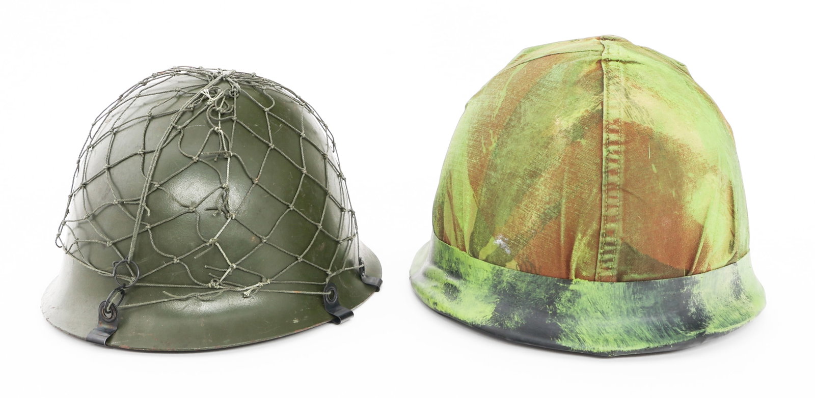 BUSH WAR FRENCH M51/54 & CHINESE GK80 HELMETS: BUSH WAR FRENCH M51/54 & CHINESE GK80 HELMETS African / Rhodesian Bush War French M51/54 and Chinese Combat Helmets. (1) French. Two camo covers. Complete liner with chinstrap. Liner and steel shell m