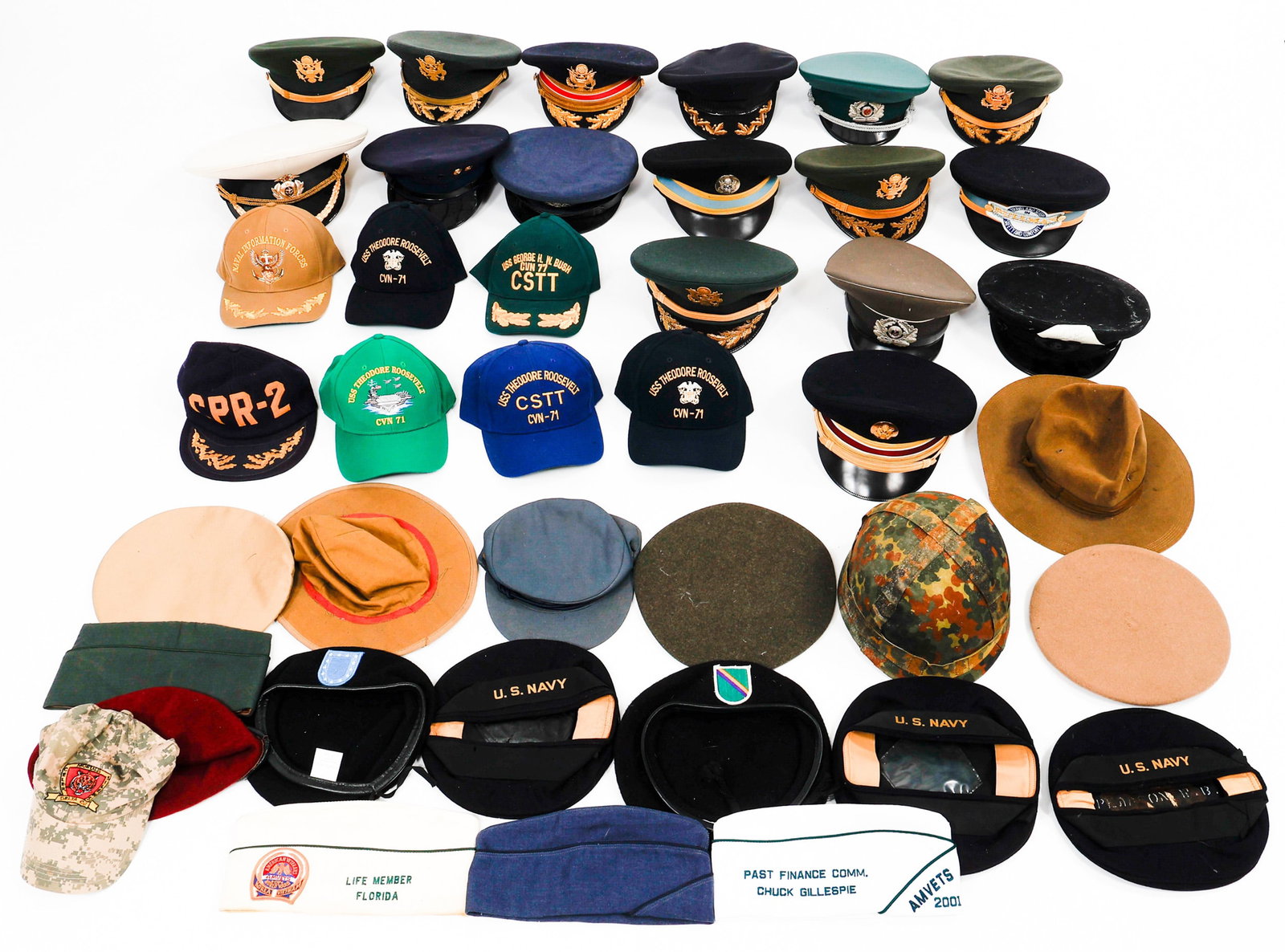 COLD WAR - CURRENT WORLD MILITARY & VET HEADGEAR: COLD WAR - CURRENT WORLD MILITARY & VET HEADGEAR Cold War - Current World Military and Veteran Headgear. Includes US and East German visor caps, berets, helmet and overseas caps. US Navy and Army Vete