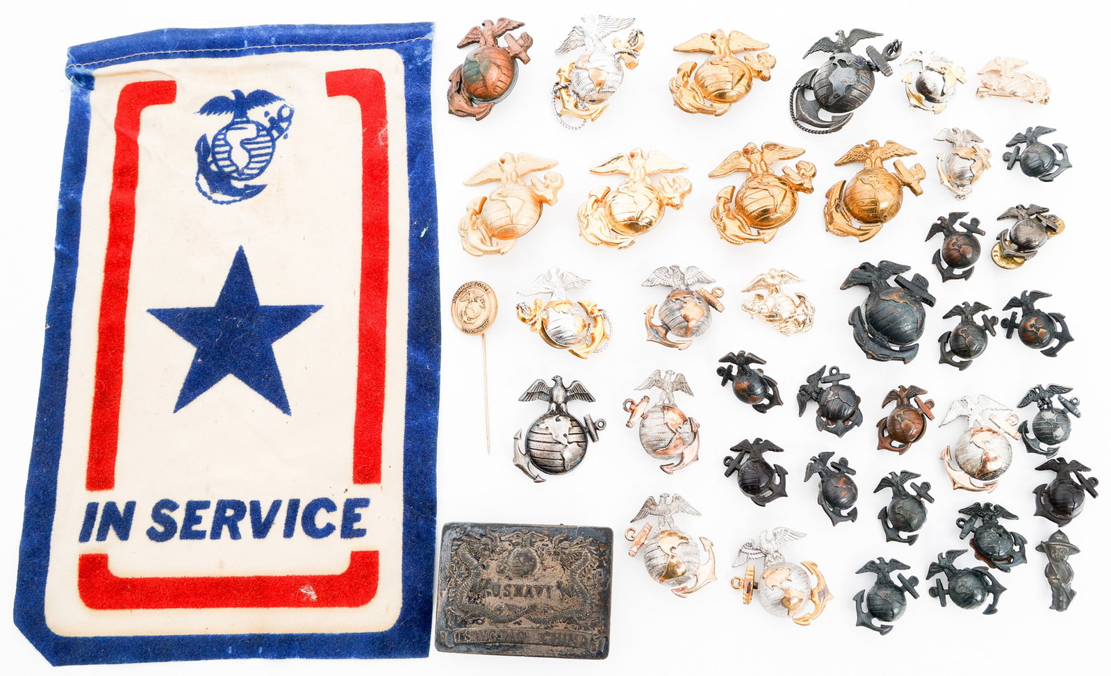 WWII USMC EGA INSIGNIA, BELT BUCKLE & BANNER: WWII USMC EGA INSIGNIA, BELT BUCKLE & BANNER WWII US Marine Corps Eagle, Globe and Anchor Insignia, Chinese Mission Commemorative Belt Buckle and Window Banner. Includes commemorative US Navy / USMC T