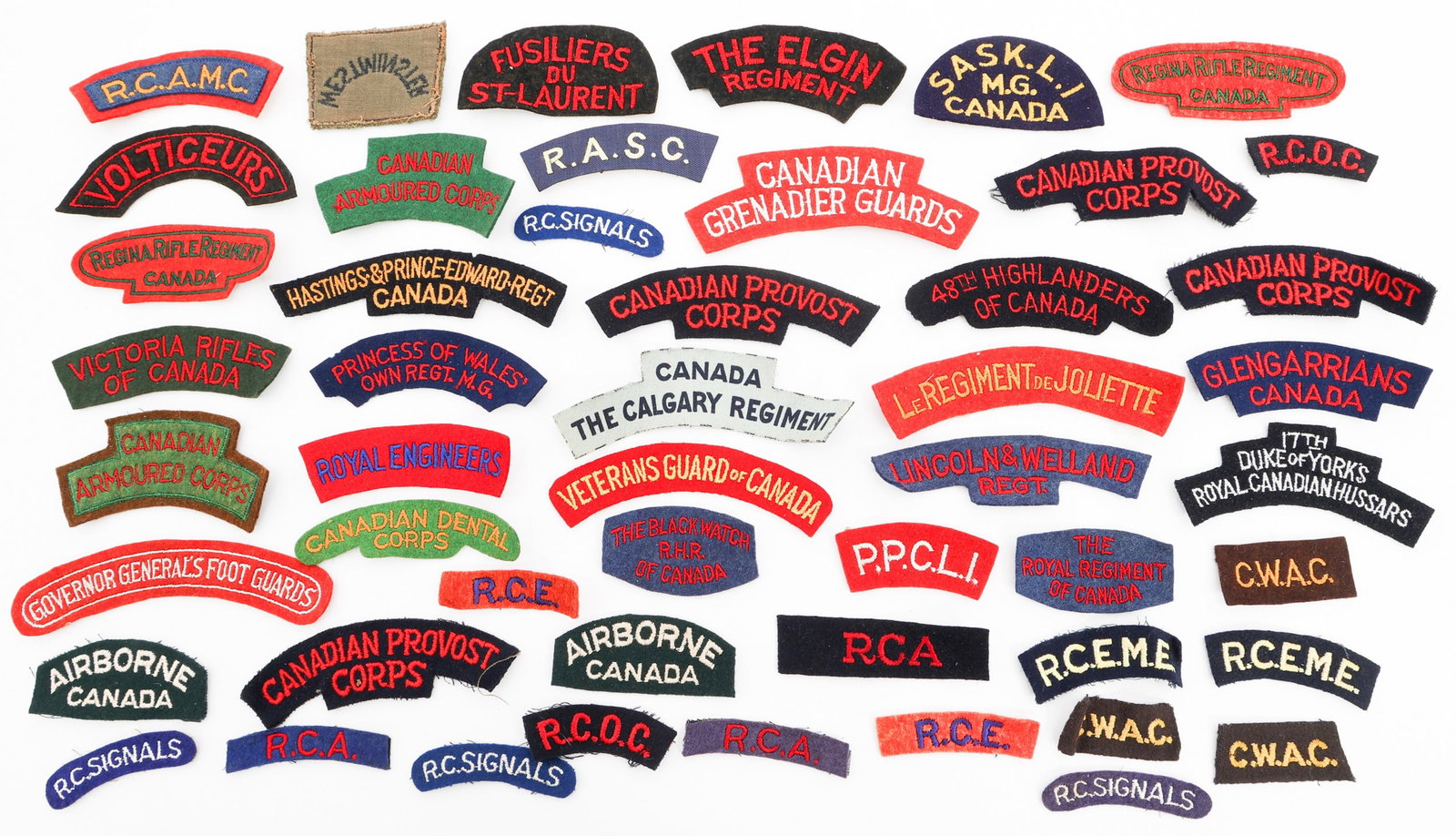 WWII CANADIAN REGIMENTAL SHOULDER TABS: WWII CANADIAN REGIMENTAL SHOULDER TABS WWII Canadian Shoulder Tabs. Includes Canadian Airborne, Blackwatch of Canada, Royal Engineers, Grenadier Guards, Canadian Armored Corps, Dental Corps, rifle reg