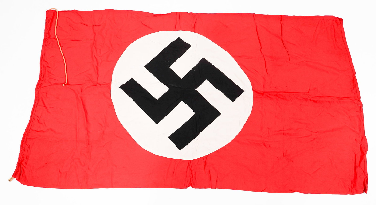 WWII GERMAN NSDAP FLAG: WWII GERMAN NSDAP FLAG WWII German NSDAP Flag. Double sided, multi-piece cotton construction with rope on the header. Printed emblem. No visible marks or stamps. Size: 40" x 70"