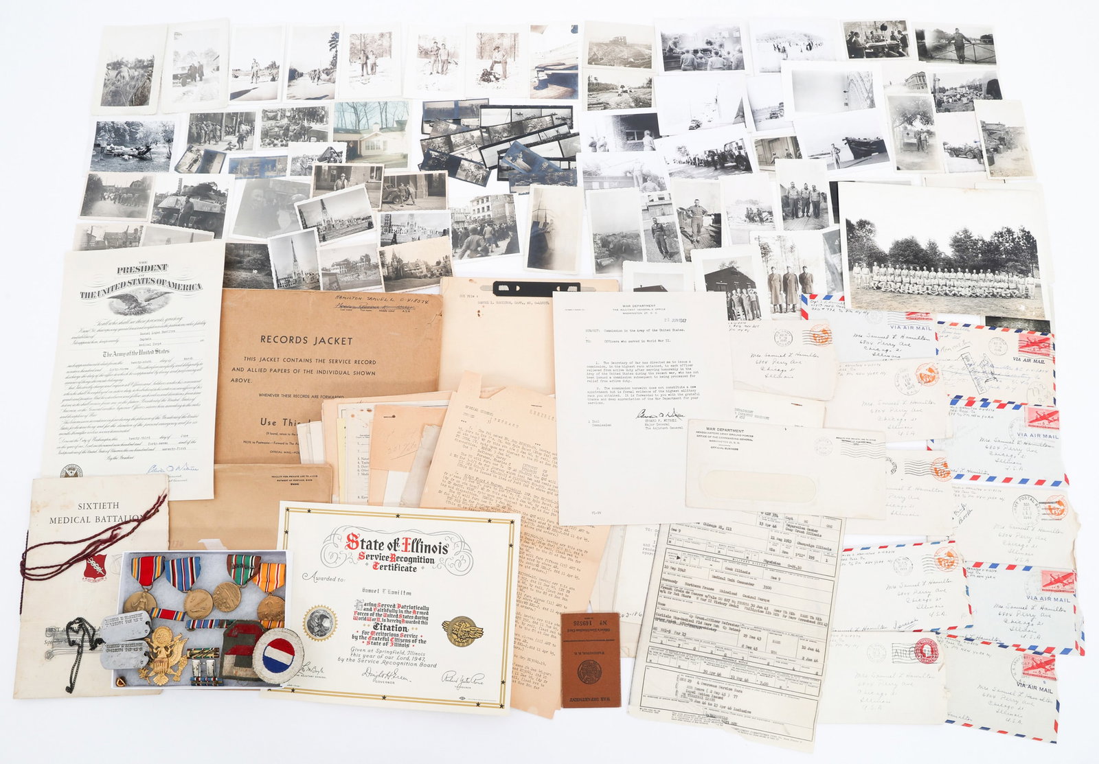 WWII US ARMY NAMED MEDICAL OFFICER ARCHIVE: WWII US ARMY NAMED MEDICAL OFFICER ARCHIVE WWII US Army Medical Officer Archive. Named to Captain Samuel L. Hamilton, O-418374 of the 499th Collection Company, 60th Medical Battalion. Archive includes