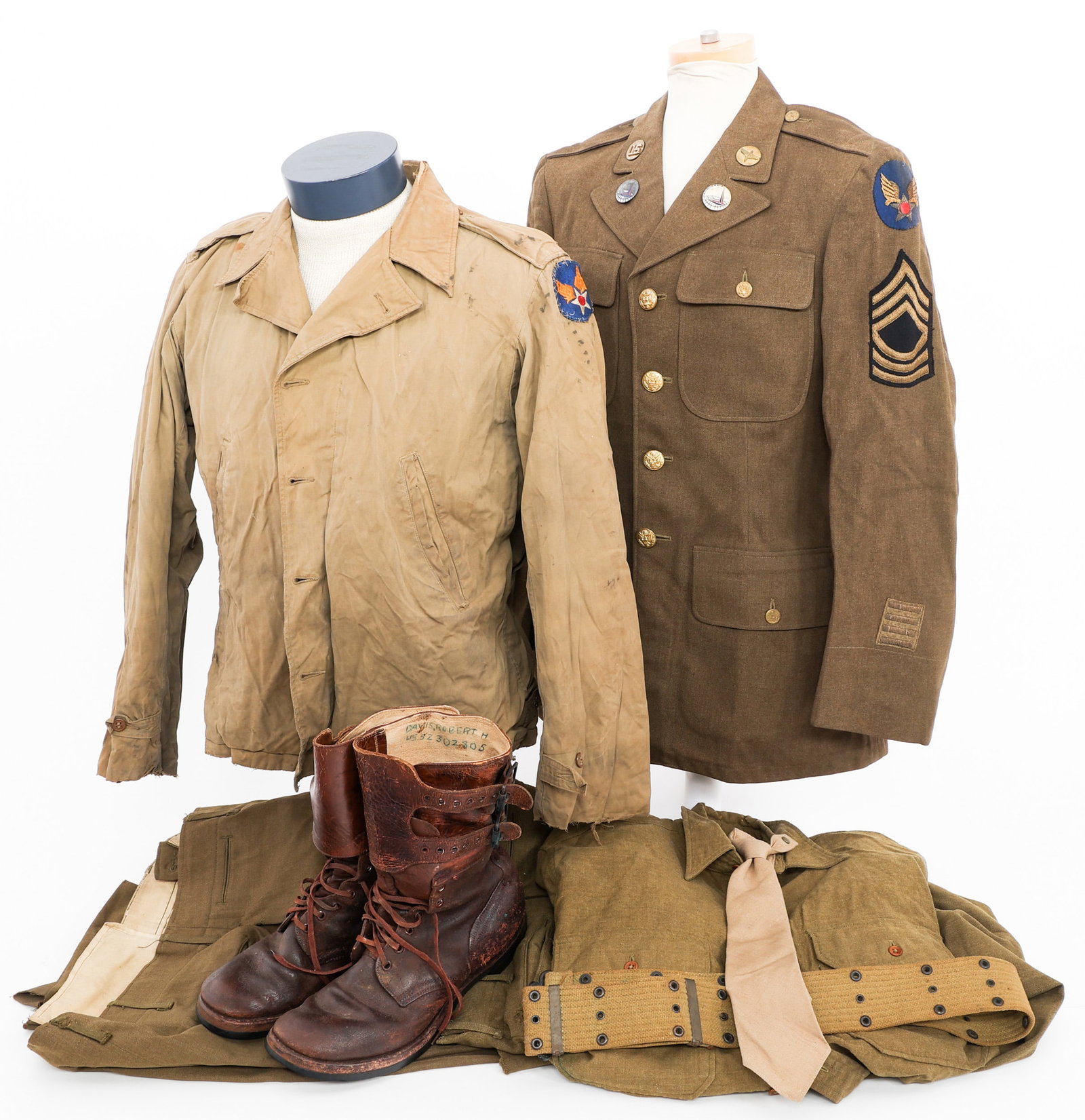 WWII USAAF AIR TRANSPORT NCO TUNIC & UNIFORM ITEMS: WWII USAAF AIR TRANSPORT NCO TUNIC & UNIFORM ITEMS WWII USAAF Enlisted Air Transport Command NCO Tunic and Uniform Items. (1) ATC NCO Service Tunic. USAAF bullion patch, overseas bars, Master Sergeant