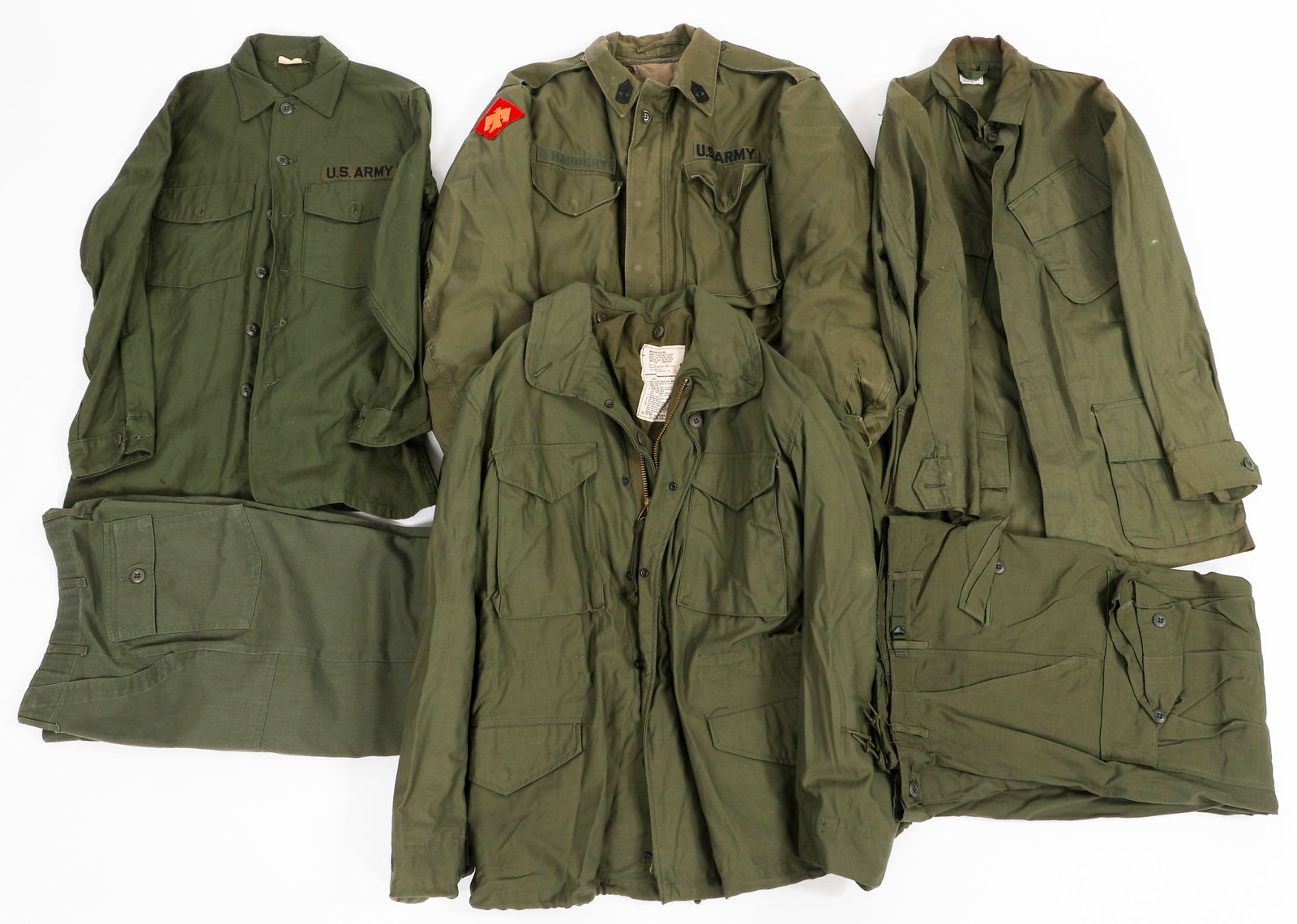 KOREAN - VIETNAM WAR US ARMY JACKETS & TROUSERS: KOREAN - VIETNAM WAR US ARMY JACKETS & TROUSERS Korean War - Vietnam War US Army Jackets, Shirt and Trousers. (1) M-1951 Field Jacket. Stamps present. Master Sergeant Rank with 45th Infantry Division 
