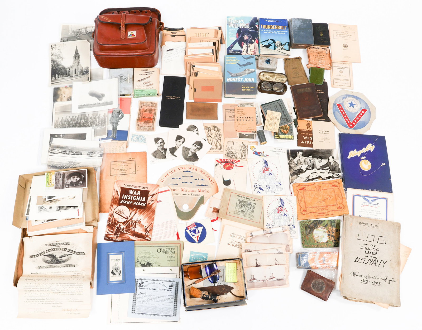 WWII - COLD WAR US ARMED FORCES EPHEMERA BONANZA: WWII - COLD WAR US ARMED FORCES EPHEMERA BONANZA WWII - Cold War US Armed Forces Field Gear and Ephemera Bonanza. Including 3rd Armored leather bag, goggles, documents, booklets, field and bluejackets
