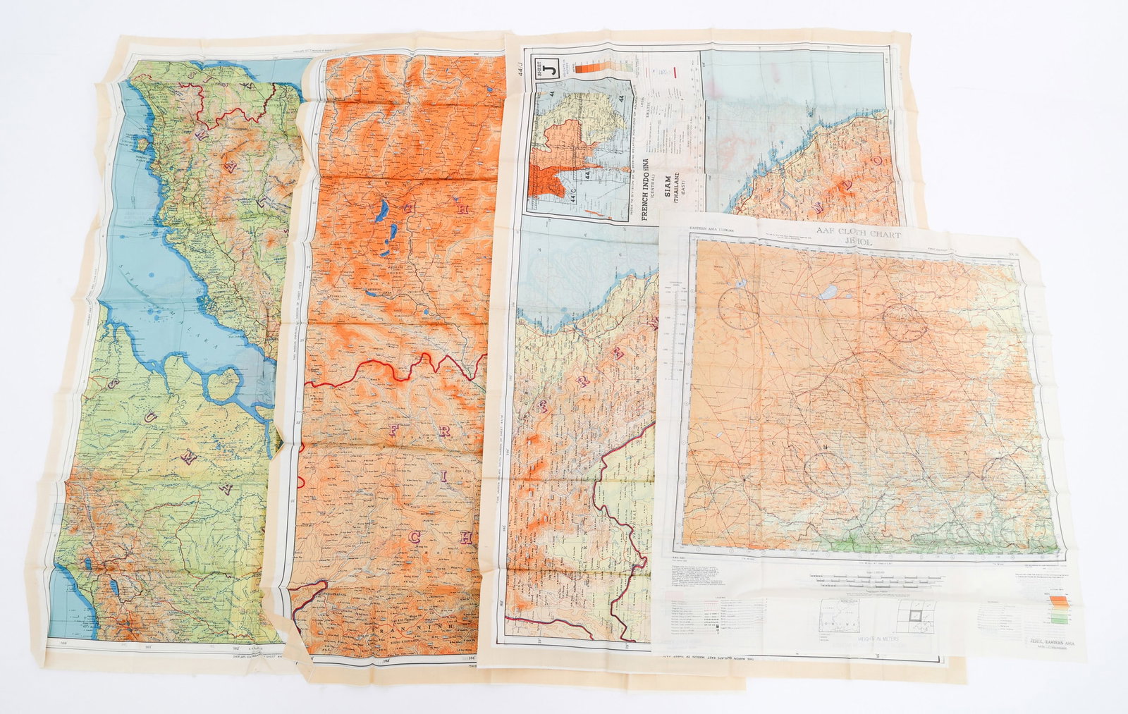 WWII - KOREAN WAR US ESCAPE & EVASION CLOTH MAPS: WWII - KOREAN WAR US ESCAPE & EVASION CLOTH MAPS WWII - Korean War US Escape and Evasion Cloth Maps. (1) WWII USAAF Shen-Yang NK 51 and Jehol NK 50. (1) French Indochina and Siam 44/J and 44/K. (1) Ch