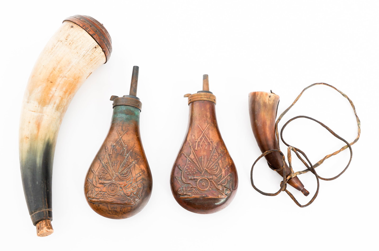 19th C. POWDER HORN & FLASK: 19th C. POWDER HORN & FLASK 19th Century Powder Horn and Flask. One horn includes lanyard.
