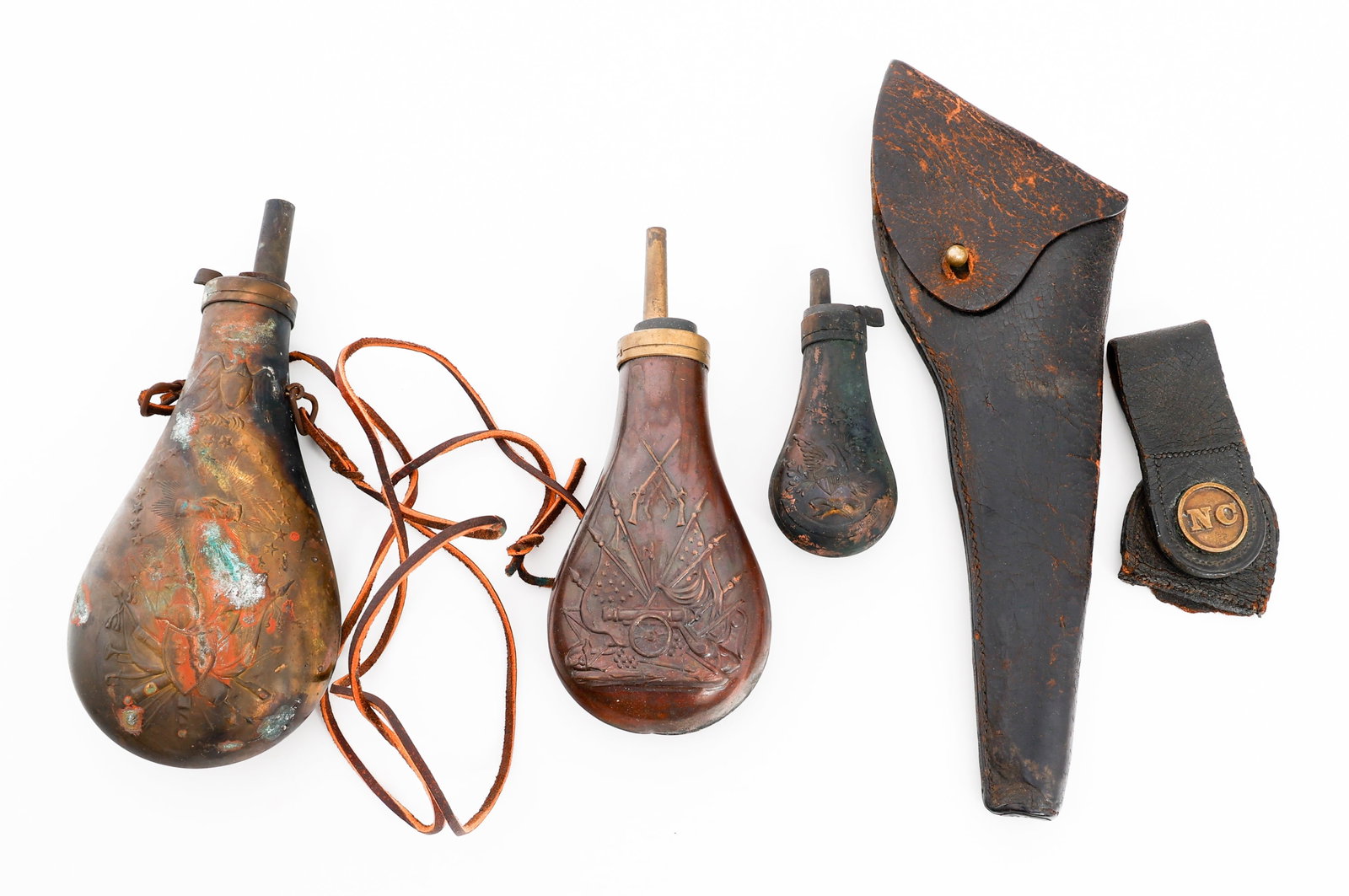 19th C. US LEATHER HOLSTER & POWDER FLASKS: 19th C. US LEATHER HOLSTER & POWDER FLASKS 19th C. US Leather Revolver Holster and Powder Flasks. One powder flask includes lanyard.