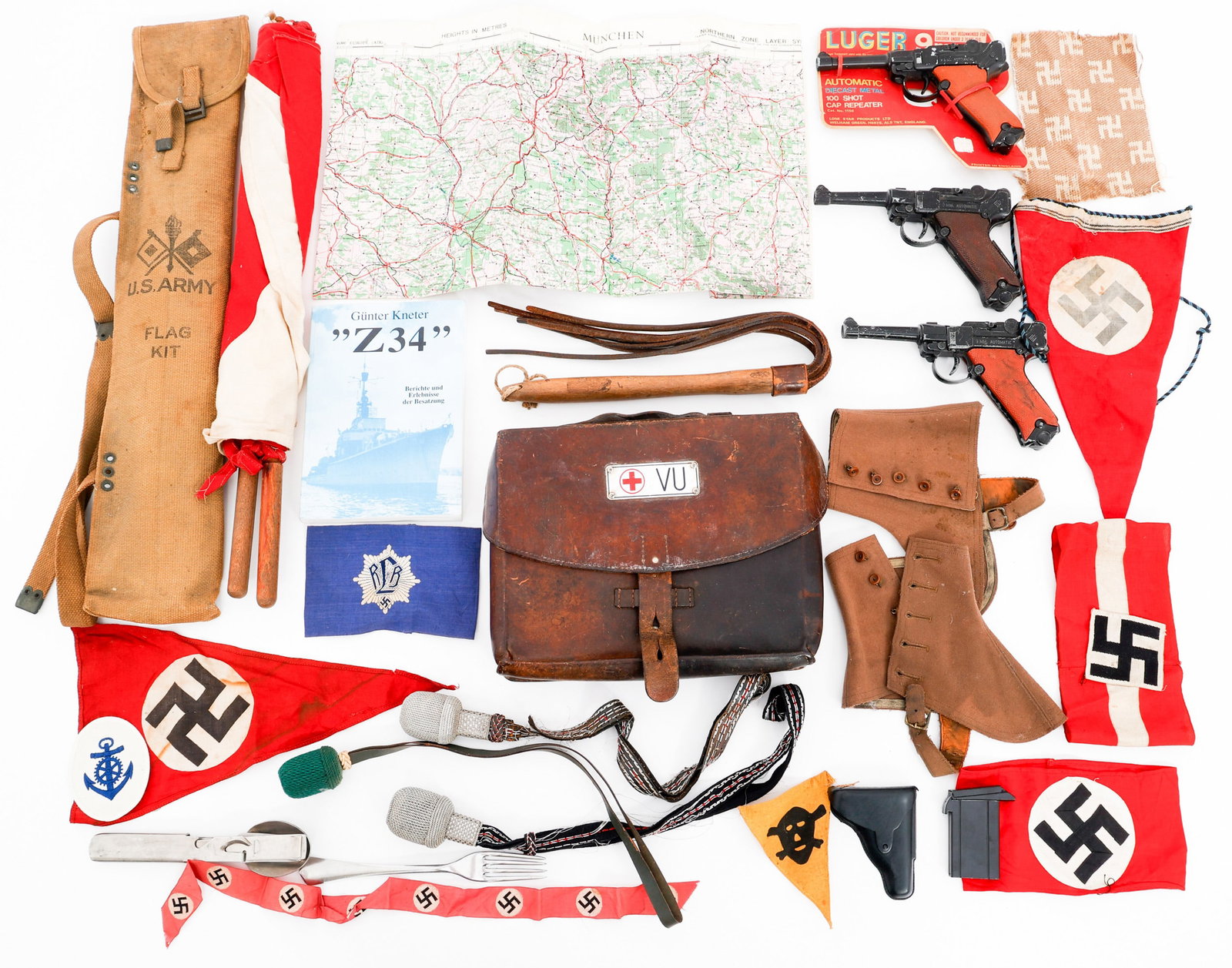 WWII US, SWISS & GERMAN GEAR, INSIGNIA & TOYS: WWII US, SWISS & GERMAN GEAR, INSIGNIA & TOYS WWII US, Swiss and German Field Gear, Insignia and Toys. Including Post War Lone Star Luger Cap guns, Signal Corps flag kit, whip, Swiss leather medic bag