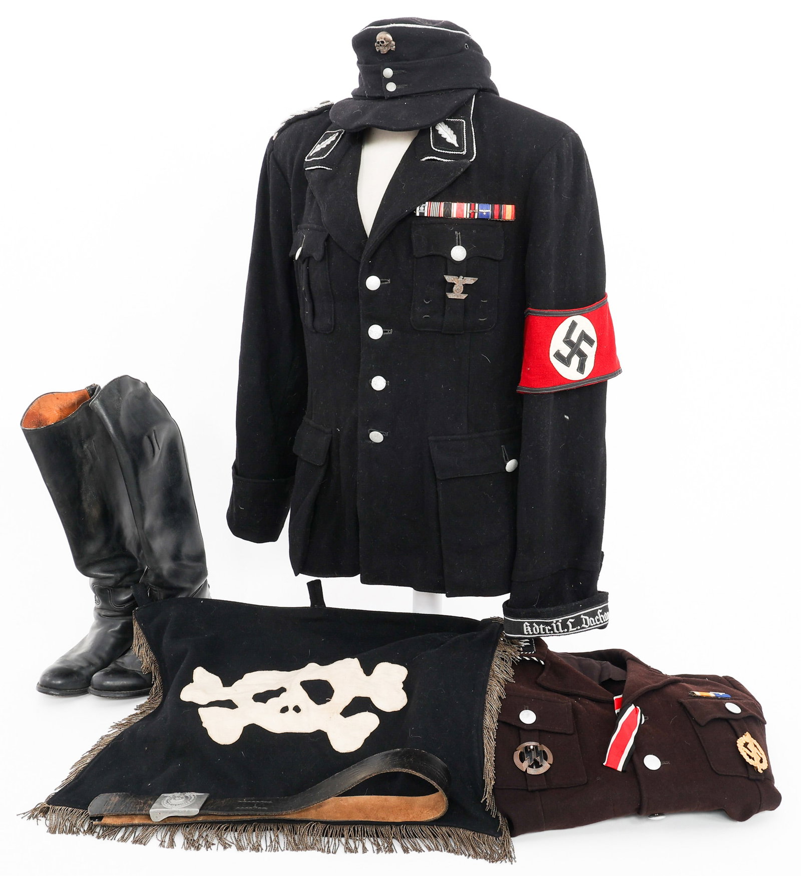 MODERN COPIES OF WWII GERMAN SS UNIFORMS: MODERN COPIES OF WWII GERMAN SS UNIFORMS Modern Copies of WWII German SS Uniforms. Includes tunics, field cap, trousers, boots, belt with buckle, and more. Size: Medium