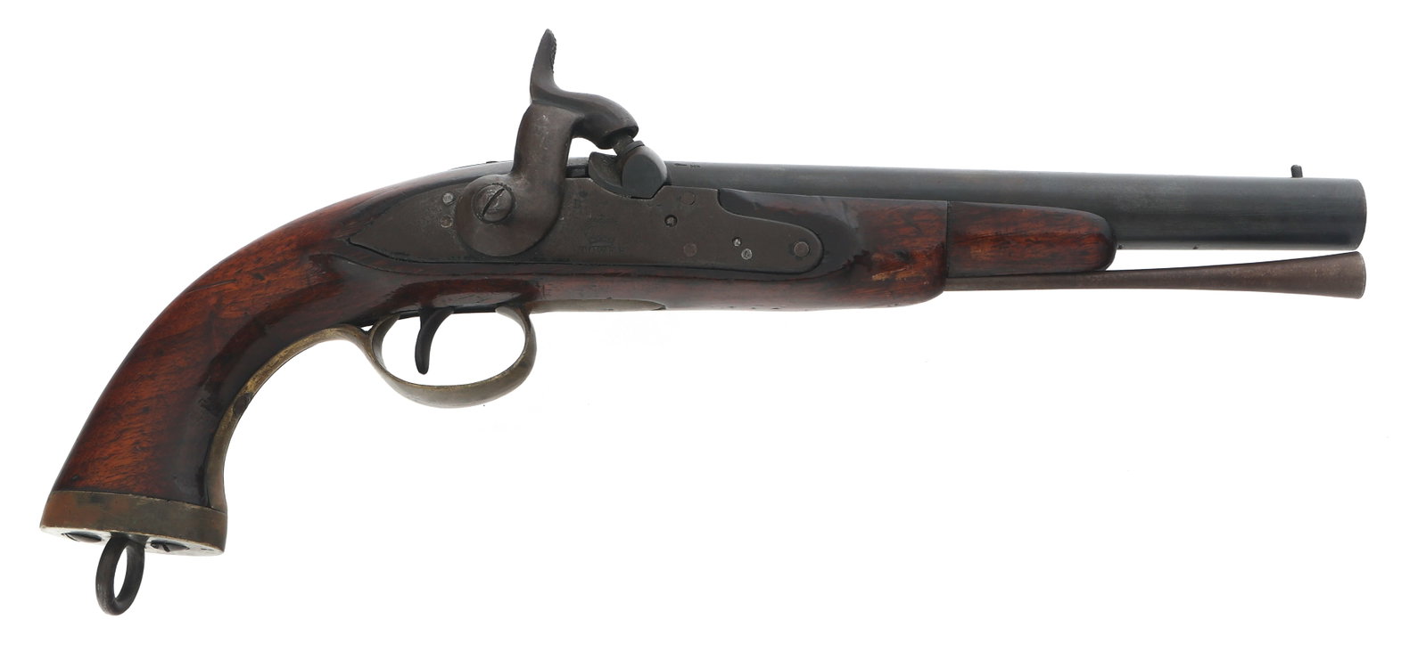 BELGIAN DUTCH .72 CALIBER FLINTLOCK PISTOL: BELGIAN DUTCH .72 CALIBER FLINTLOCK PISTOL Belgian Dutch .72 caliber flintlock pistol. 9 inch barrel with Belgian proof marks. Converted lock plate stamped crown / DN and crown / Tower. Wood stock. Br