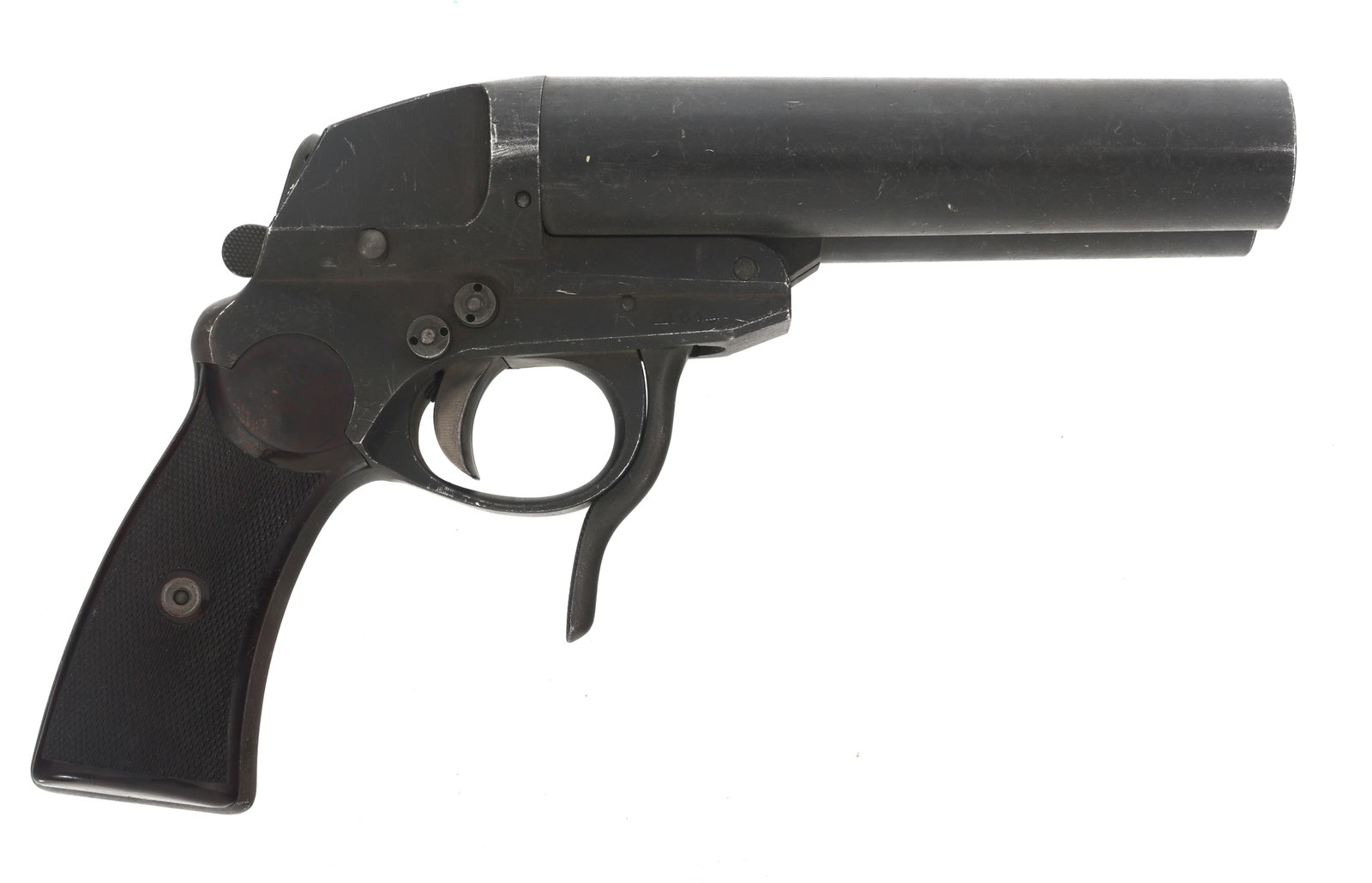 WWII GERMAN ECKO MODEL L 26.5mm FLARE PISTOL: WWII GERMAN ECKO MODEL L 26.5mm FLARE PISTOL WWII German Luftwaffe Emil Eckoldt Model L 26.5mm caliber double barrel flare pistol. Left side of frame stamped FL.24483, circle ECKO, and Eagle/2. Checke
