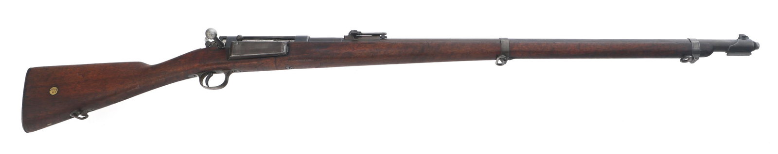DANISH KRAG-JORGENSEN MODEL 1889 8mm CALIBER RIFLE: DANISH KRAG-JORGENSEN MODEL 1889 8mm CALIBER RIFLE Danish Krag-Jorgensen Model 1889 bolt action 8x58mmR caliber rifle. Serial Numbers match on receiver, barrel, bolt, firing pin, stock, magazine door,
