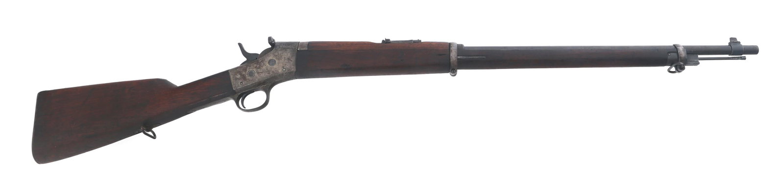 WWI FRENCH REMINGTON MODEL 1914 8x50mm RIFLE: WWI FRENCH REMINGTON MODEL 1914 8x50mm RIFLE WWI French Remington Model 1914 8x50mmR Lebel caliber breech loading rolling block rifle. Top of receiver stamped N. Top of barrel in front of handguard st