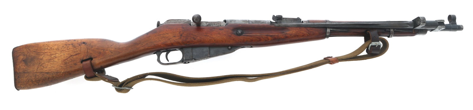 WWII RUSSIAN IZHEVSK MODEL 1944 7.62x54mm CARBINE: WWII RUSSIAN IZHEVSK MODEL 1944 7.62x54mm CARBINE 1945 WWII Russian Izhevsk Model 1944 7.62x54mmR caliber bolt action Mosin-Nagant carbine. CAI import mark. Top of barrel shank stamped Russian crest /