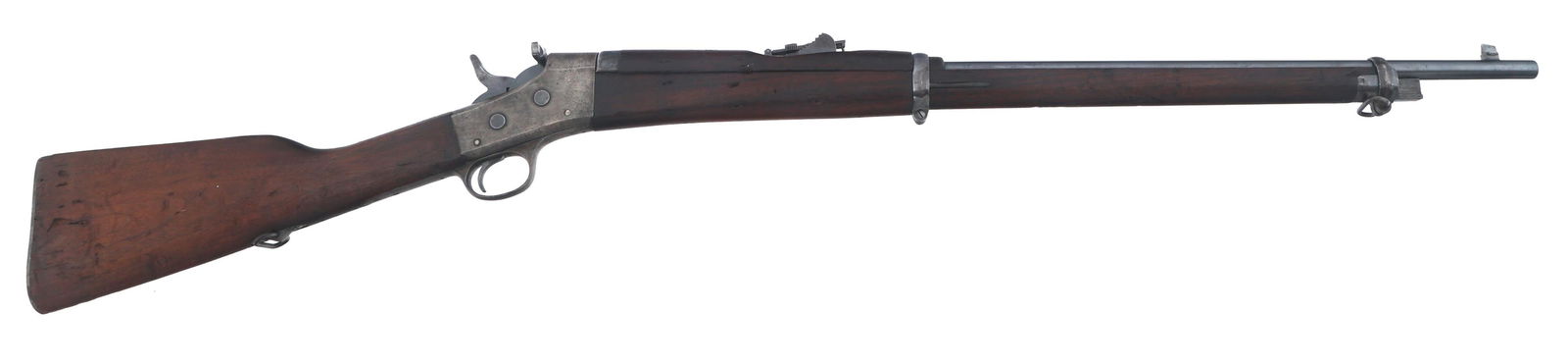 REMINGTON 1902 7mm CALIBER ROLLING BLOCK RIFLE: REMINGTON 1902 7mm CALIBER ROLLING BLOCK RIFLE Remington Model 1902 7mm caliber rolling block rifle. Remington Arms three line address on upper tang. Barrel stamped CAL. 7MM. Barrel bands stamped U. H