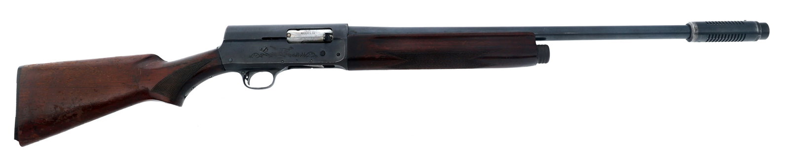 US REMINGTON MODEL 11 12 GAUGE SEMI AUTO SHOTGUN: US REMINGTON MODEL 11 12 GAUGE SEMI AUTO SHOTGUN 1943 WWII US Remington Model 11 12 gauge semi automatic shotgun. U.S. and Flaming bomb stamped on barrel top and left receiver. Left front trigger guar