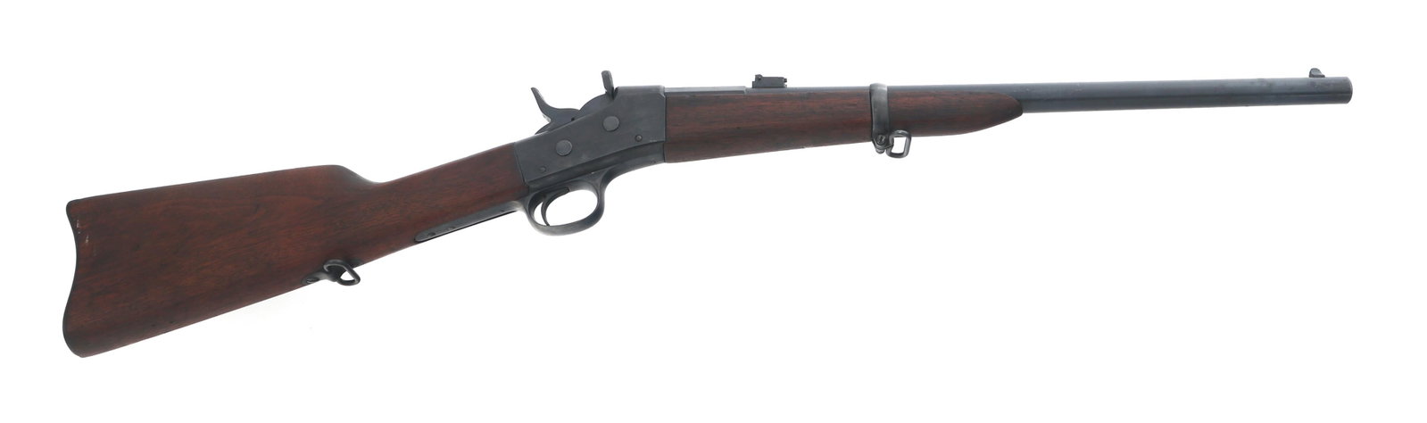 REMINGTON MODEL 1 ROLLING BLOCK 43 CALIBER CARBINE: REMINGTON MODEL 1 ROLLING BLOCK 43 CALIBER CARBINE Remington Model No 1 Rolling Block .43 caliber carbine. Remington three line address on upper tang. Barrel band stamped with U. Octagonal to round ba