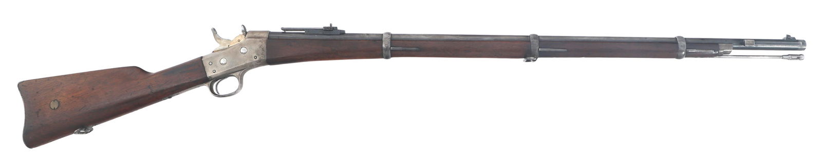 1883 DANISH COPENHAGEN MODEL 1867/96 RIFLE: 1883 DANISH COPENHAGEN MODEL 1867/96 RIFLE 1883 Danish Copenhagen Armory Model 1867/96 11.35mm caliber breech loading rolling block rifle. Upper receiver tang stamped Kjobenhavns Toihuus. 1883. Left s