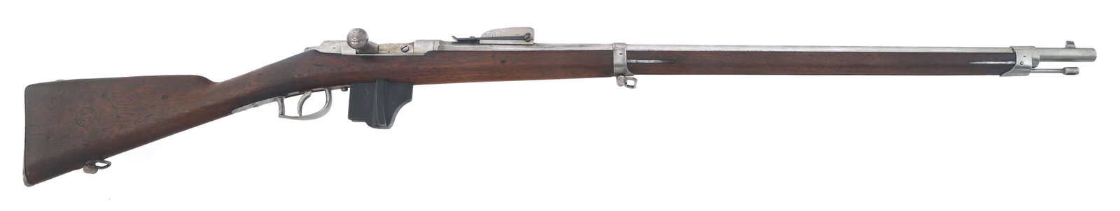 DUTCH P STEVENS MODEL 1871/88 11x52mmR CAL RIFLE: DUTCH P STEVENS MODEL 1871/88 11x52mmR CAL RIFLE Dutch P. Stevens Model 1871/88 11x52mmR caliber bolt action Beaumont-Vitali rifle. Left side of barrel shank stamped 1874. Left side of receiver stampe