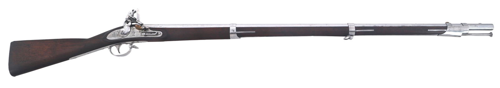 US SPRINGFIELD MODEL 1816 .69 CALIBER MUSKET: US SPRINGFIELD MODEL 1816 .69 CALIBER MUSKET US Springfield Model 1816 .69 caliber flintlock musket. Left side of barrel stamped P / eagle head / V. Upper tang stamped 1837. Lock plate stamped Springf