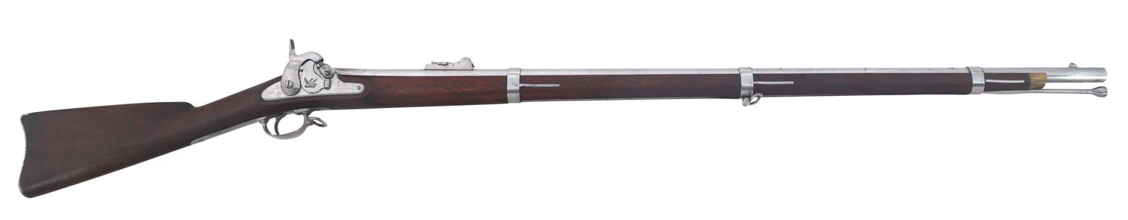 US SPRINGFIELD MODEL 1855 .58 CAL PERCUSSION RIFLE: US SPRINGFIELD MODEL 1855 .58 CAL PERCUSSION RIFLE 1859 US Springfield Model 1855 .58 caliber percussion rifle. Top of barrel stamped 1858. Left side of barrel stamped V / P / eagle head. Side plate s