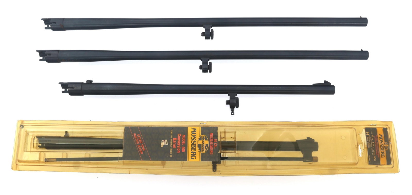 MOSSBERG AND MAVERICK SHOTGUN BARRELS: MOSSBERG AND MAVERICK SHOTGUN BARRELS Mossberg and Maverick shotgun barrels. (A) Mossberg 24" barrel, 3" chamber, fixed cylinder bore choke. Flip up rear sight. (B) Mossberg 24" .50 caliber black powd